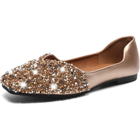 Fsfdamai Flat Shoes Women Golden Leather Square Toe Bling Glitter Casual Shoes - Picture 1 of 6